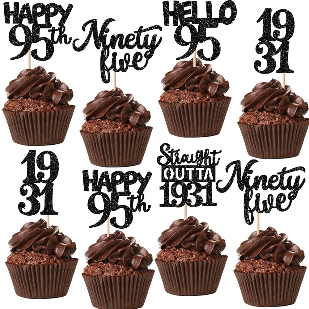 30PCS Black 95th Birthday Cupcake Toppers Glitter Nighty Five Happy 95 Straight Outta 1931 Cupcake Picks for Cheers to 95 Fabulous 95th Birthday Anniversary Party Cake Decorations Supplies