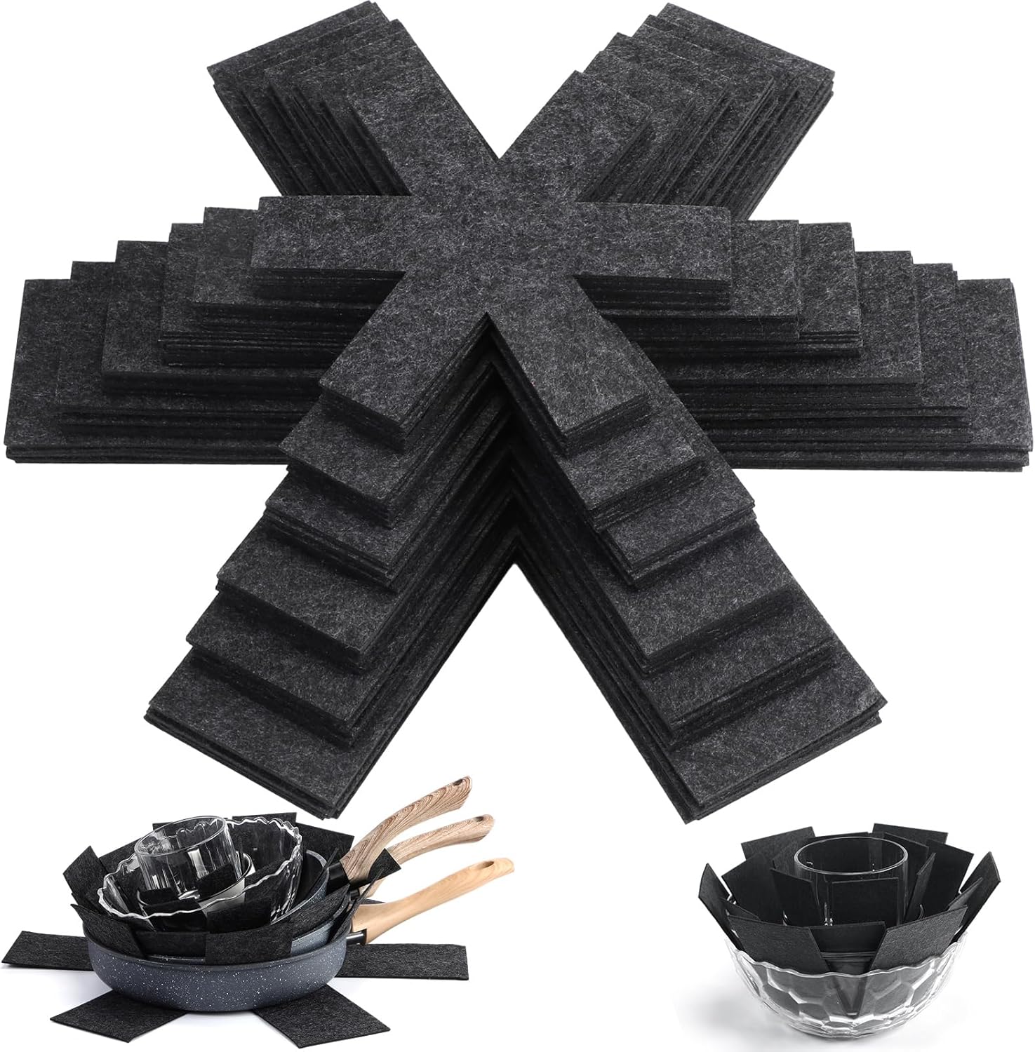 Queekay 60 Pcs Felt Pot and Pan Protectors 8/10/12/14/16/18 Inch Larger Thicker Pan Protector Pads, Anti-Slip Stacking Separators Pads for Stacking Cookware Organizing Protecting(Black)