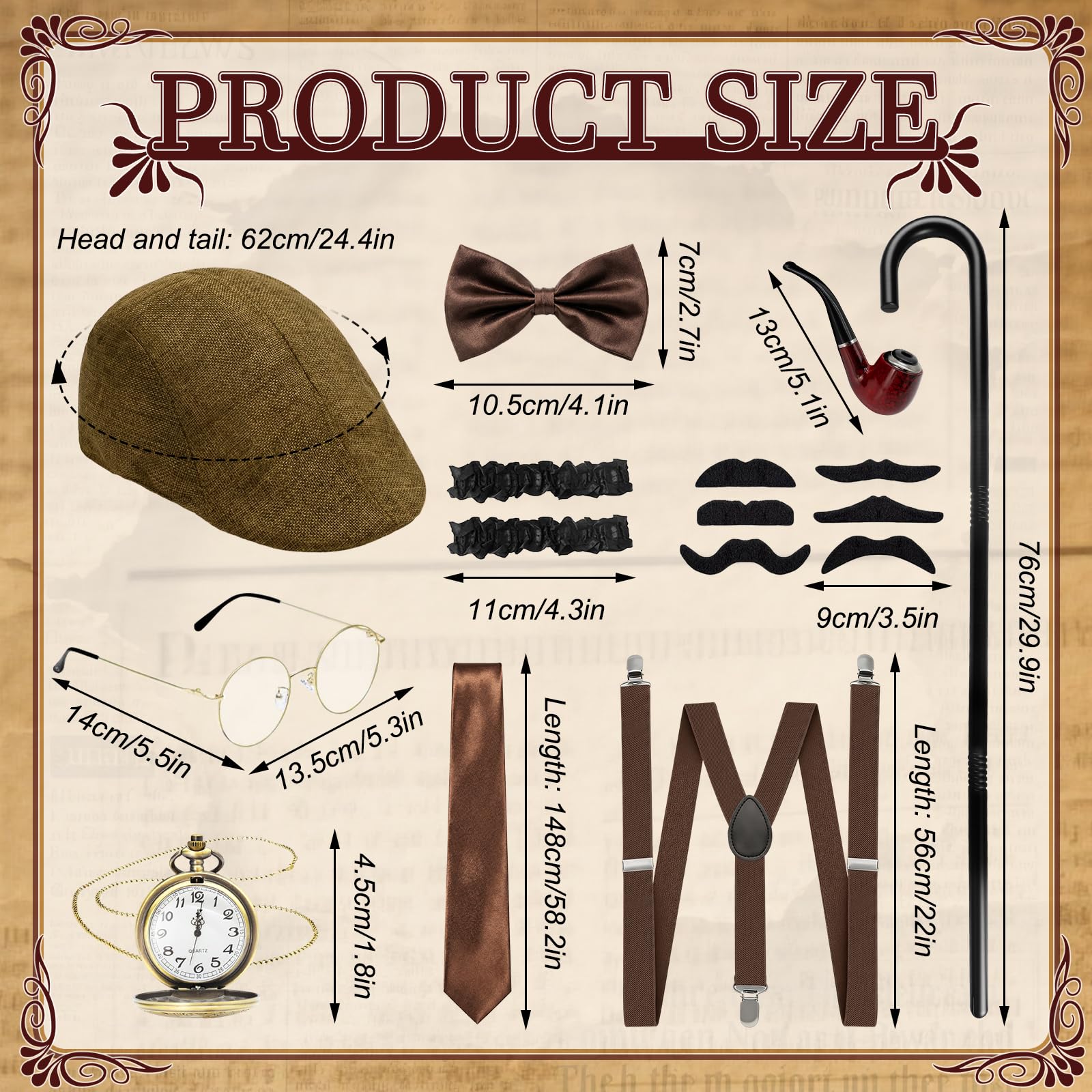 1920s Men's Accessories, 16PCS 1920 Fancy Dress for Men Fedora Hat, Pocket Watch, Bow Tie, Beard Set, Suspenders, Glasses - Image 2