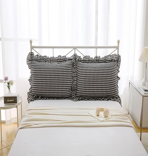 Miniatura 2 de Fundas de almohada cuadradas a cuadros en blanco y negro con volantes, fundas de almohada a cuadros, fundas de almohada de gingham, fundas de Negro