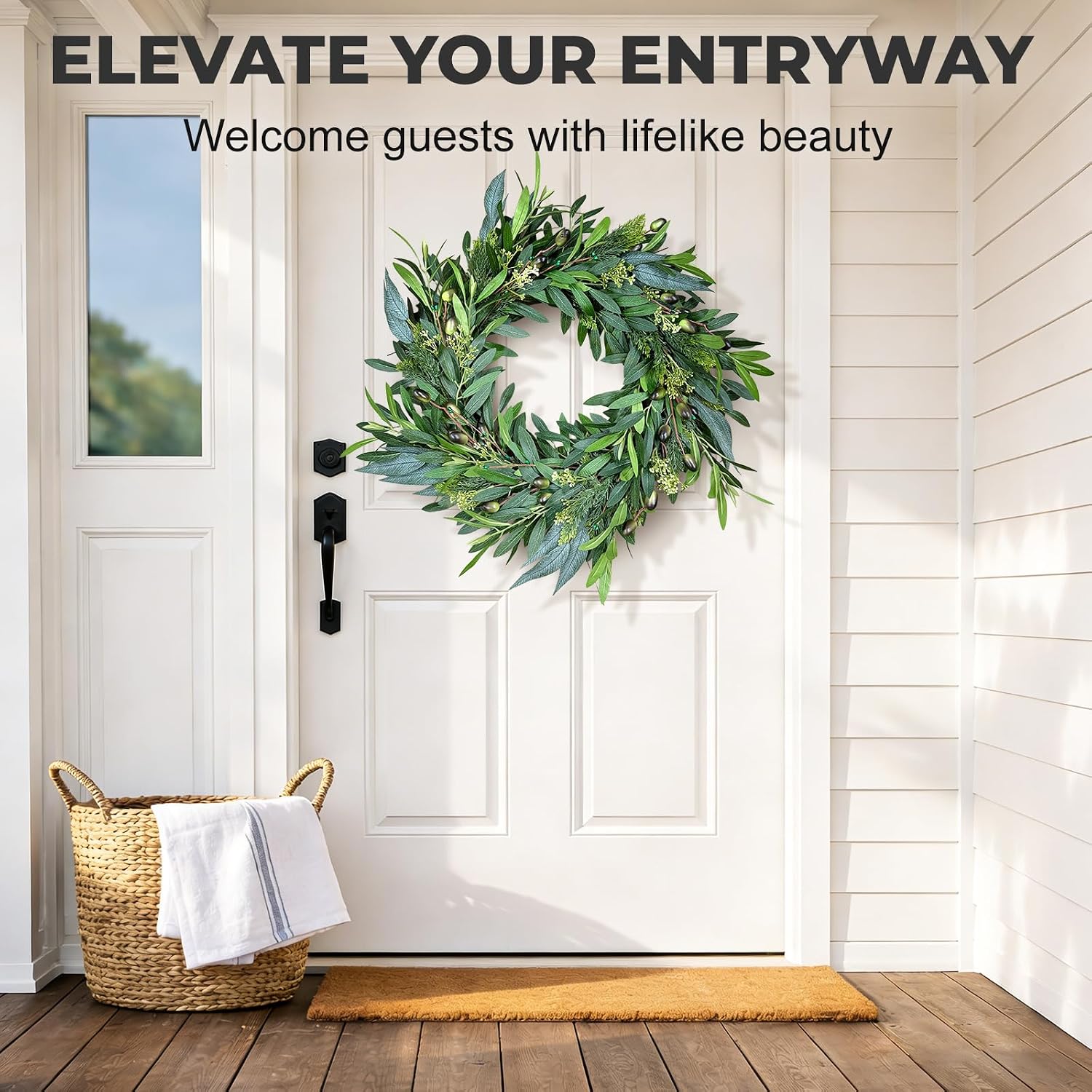 24 Inch Olive Wreaths for Front Door, Artificial Olive Branch Greenery Wreath with Eucalyptus, Rustic Farmhouse Front Door Wreath for Spring Summer Year Round Outdoor Porch Decor
