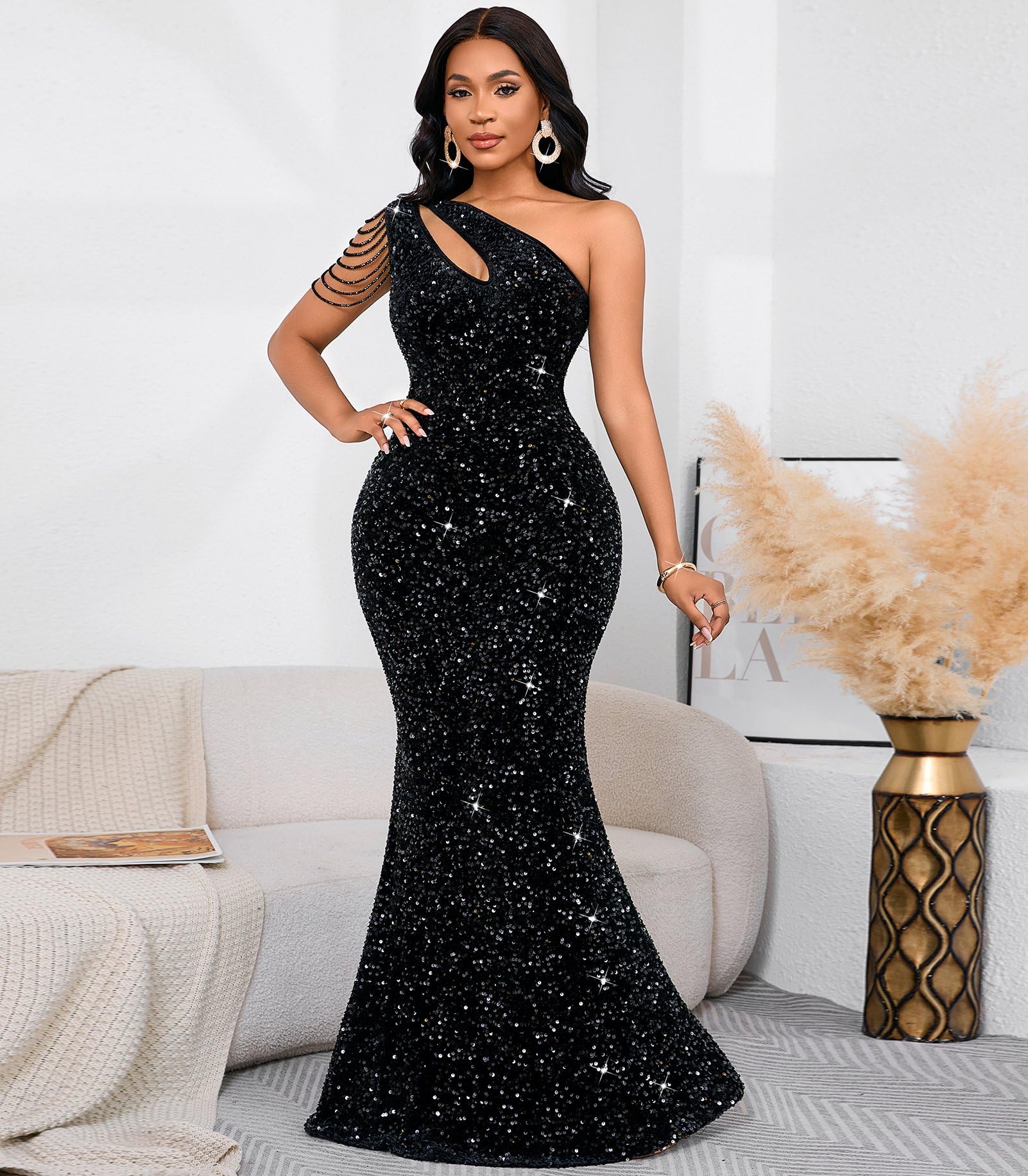 Cololura Women Sequin Elegant Sexy One Shoulder Tassel Mermaid Bodycon Cocktail Evening Dress