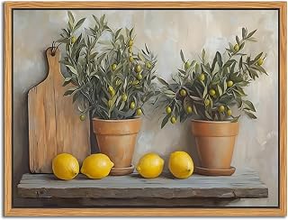 Floating Framed Vintage Kitchen Wall Art, Yellow Lemon Still Life Wall Decor Oil Paintings, Rustic Farmhouse Artwork Canvas Posters Prints Pictures for Living Room Bedroom Home Decor 12x16 Inch