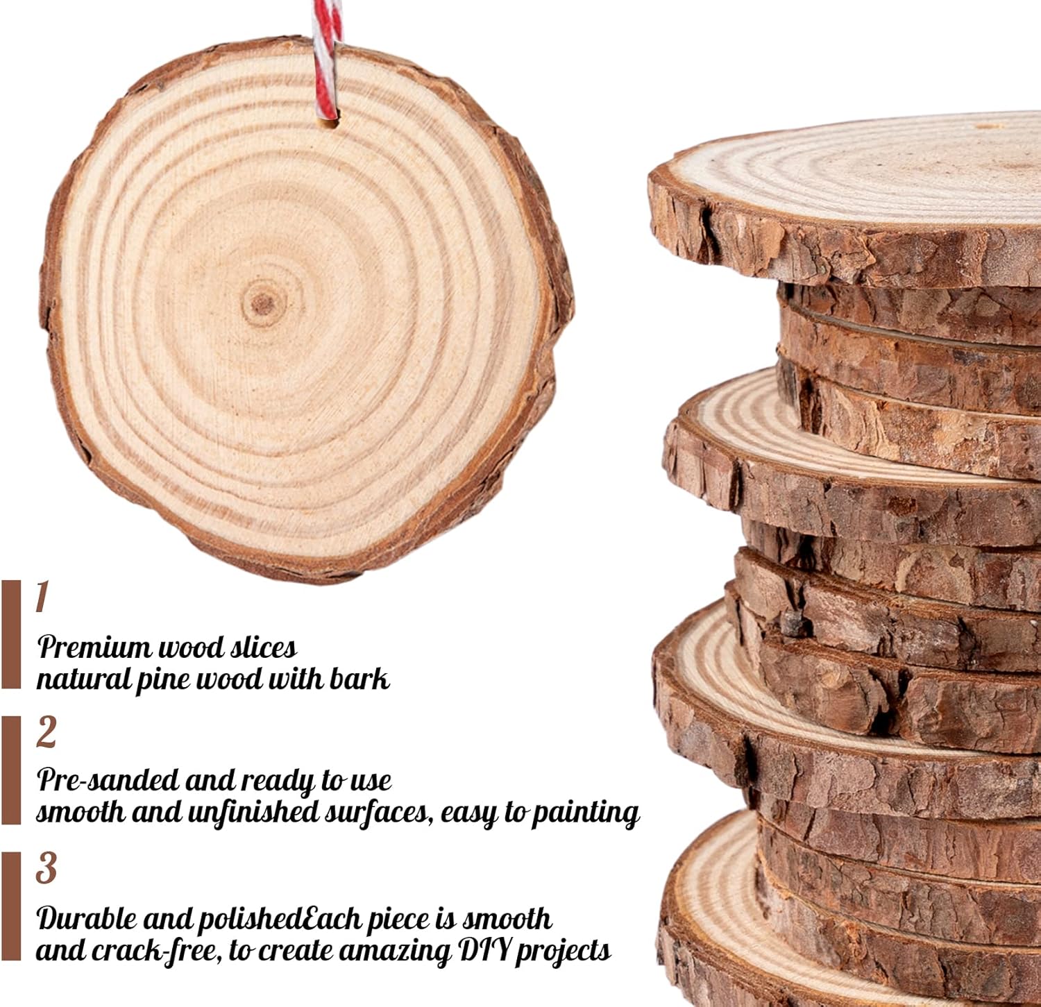 ilauke Wood Slices, 50PCS 2.7''-3.1''Natural Wooden Christmas Ornaments Kit with Pre-Drilled Hole, Acrylic Paint Pattern Stencils, DIY Craft for Adults Kids Holiday Decor Xmas Ornaments