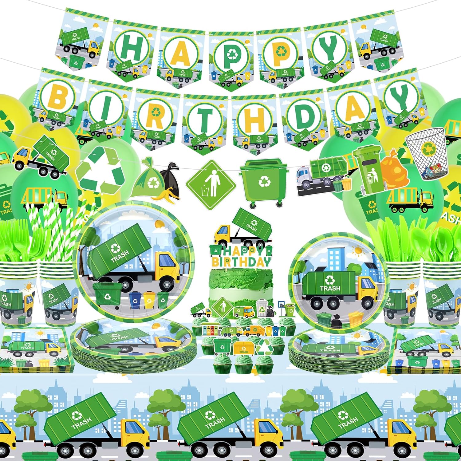 Trash Truck Birthday Party Decorations - Garbage Truck Party Supplies including Banner, Plate, Cake Topper, Cup, Napkin, Balloon, Tablecloth for Trash Truck Party Decoration - Serves 20