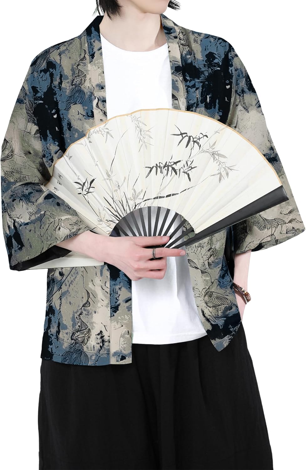 PRIJOUHE Men's Cotton Linen Kimono Jacket Lightweight Open Front Kimono Cardigan Japanese 3/4 Sleeve Yukata Coat