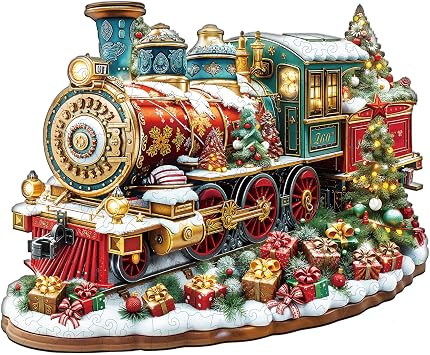 Jigfoxy Wooden Puzzles for Adults, Christmas Train Wood Jigsaw Puzzles
