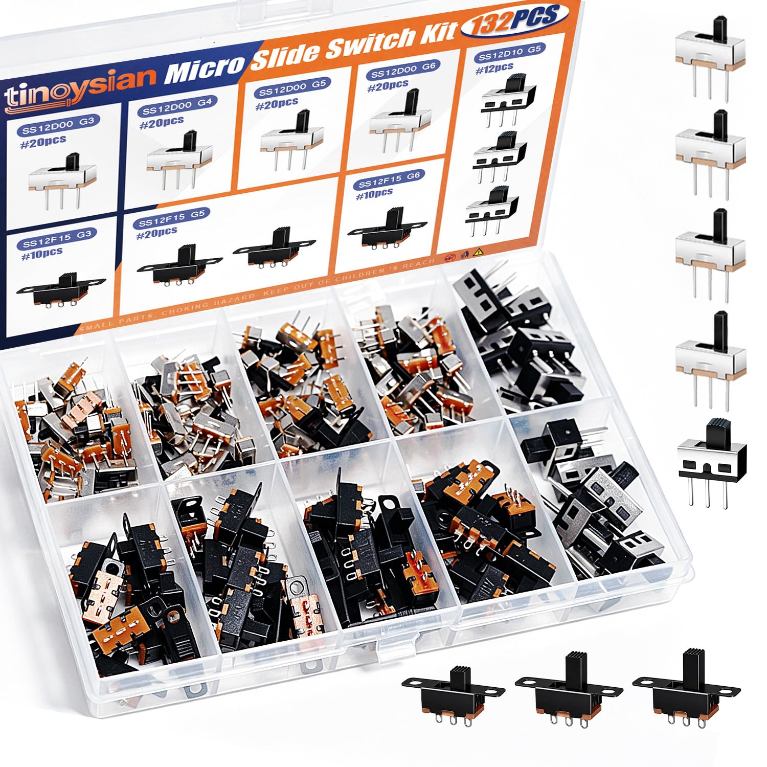 132PCS 8Values Micro Slide Switch Kit Spdt 1p2t Small Toggle Switch Mini Vertical Panel Mount ON Off Assortment 2 Position 3 Pin SS12D00 SS12F15 SS12D10