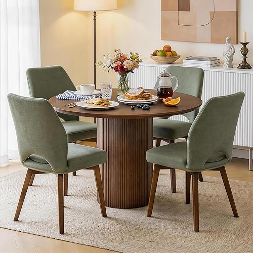 Miniatura 10 de Juego de 4 sillas de comedor, modernas sillas de cocina tapizadas con respaldo alto único y patas de madera, cómoda silla auxiliar de tela para