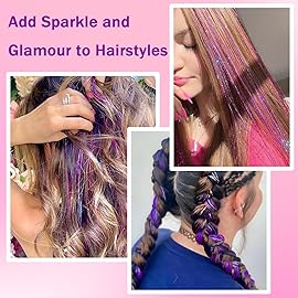 NIACONN Glitter Hair Tinsel Extensions Kit Purple with Tools and Beads, 48 Inch Sparkly Fairy Colorful Tensile Strands Shiny Hair Accessories for Women Girls Kids