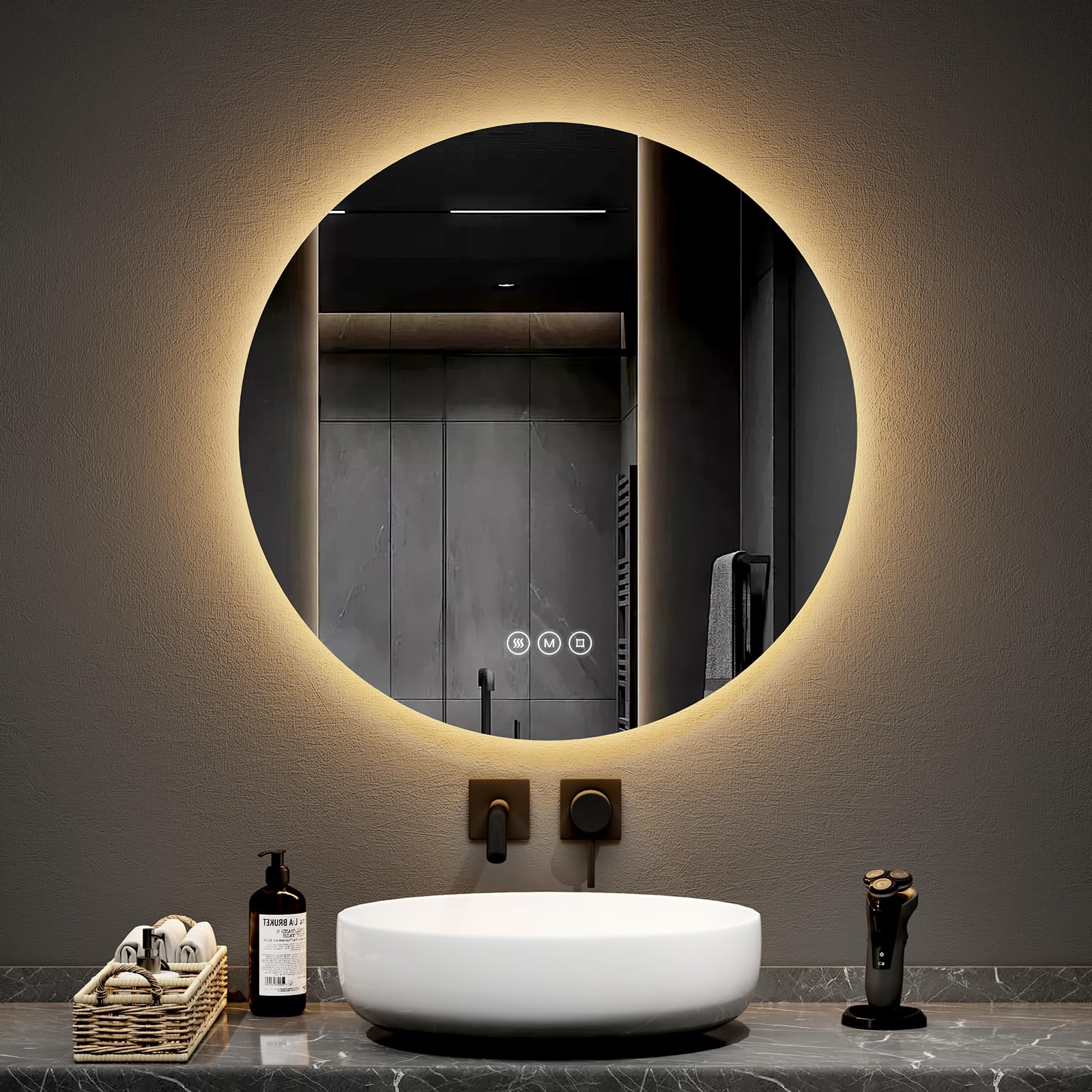 EMKE Espejo de baño Redondo de 70 cm de diámetro, con antivaho+Interruptor táctil, Espejo de baño con retroiluminación LED, Espejo Redondo LED de 3 Colores de luz Variable