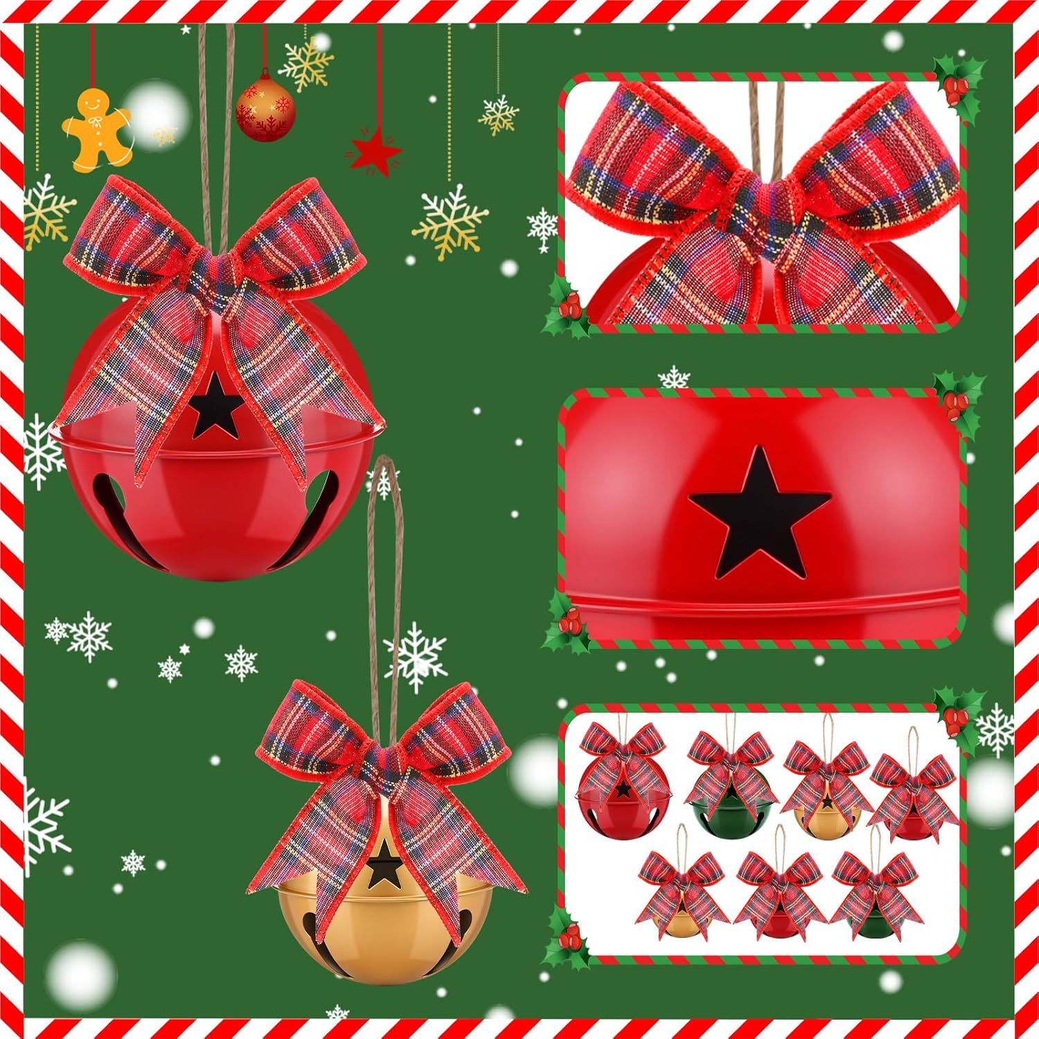 Zhengmy 12 Pack Large Size Christmas Star Cutout Bells Ornament Jumbo Vintage Rustic Metal Sleigh Bell with Plaid Ribbon Jute Twine for Christmas Tree Hanging Holiday Party Farmhouse(Green, Red, Gold)