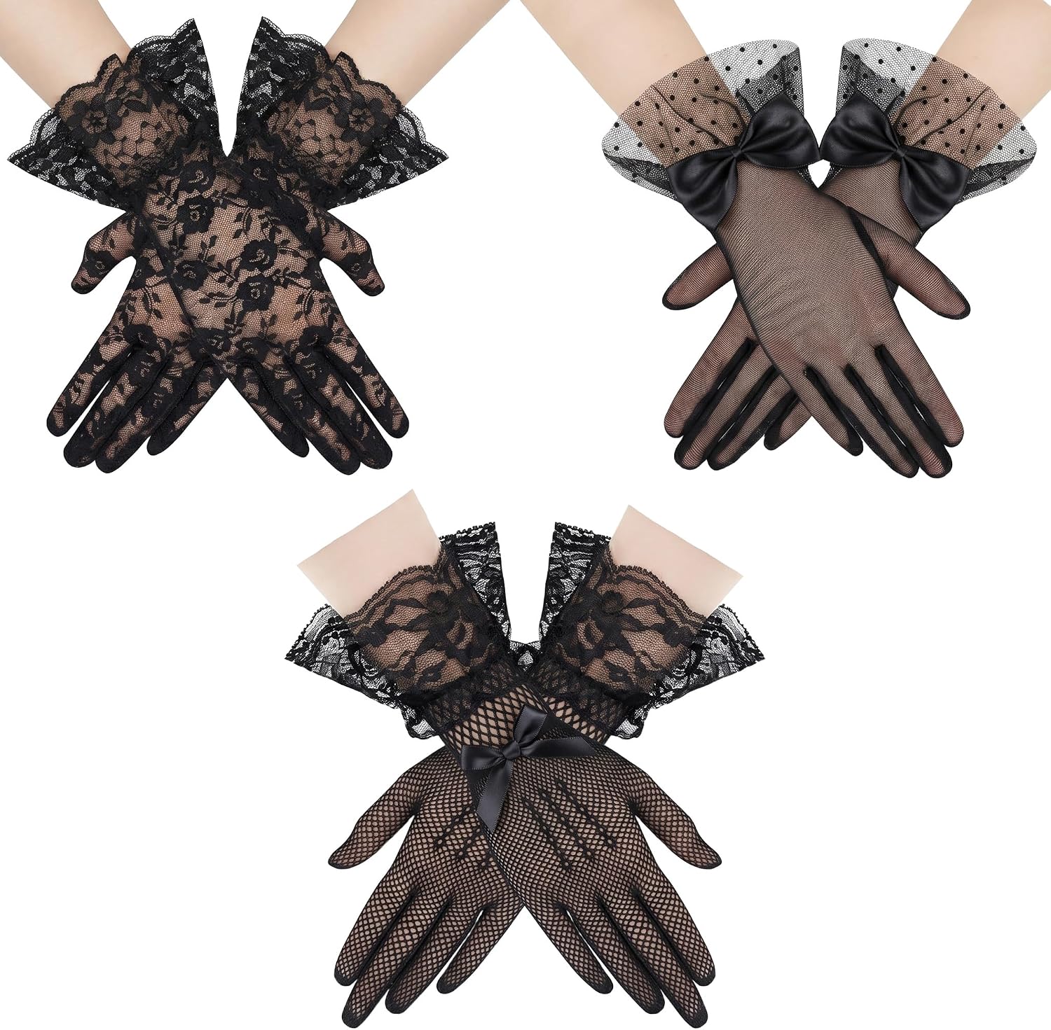 Gvhntk 3 Pairs Lace Gloves Women Tea Party Gloves Vintage Elegant Bow Short Glove for Dress up Wedding Princess