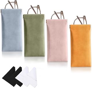 4 Pcs Soft Sunglasses Case, 3.5 x 7.1in Portable Squeeze PU Leather Glasses Case with 4 Pcs Cleaning Cloth, Water Proof Glasses Holder Eyeglass Case Sunglasses Pouch for Women Men