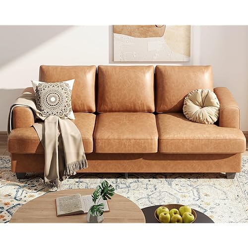 KKL 89 Inches Loveseat Sofa, Comfy Cloud Couch with Deep Seats, 3 Seater Couches for Living Room, Leather Fabric, Wood Frame, Easy Assembly, Brown