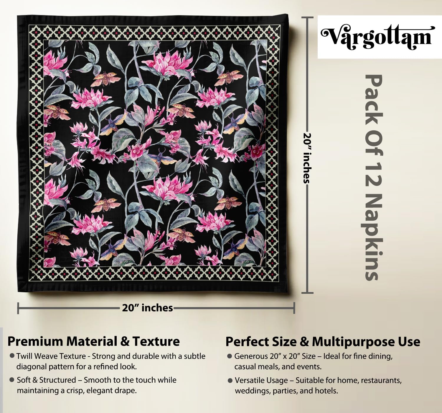 Designer Cotton Twill Napkins - Set of 12, 20-Inch, Floral Design, Durable & Absorbent Cloth Napkins for Dining, Parties, and Home Decor - Machine Washable
