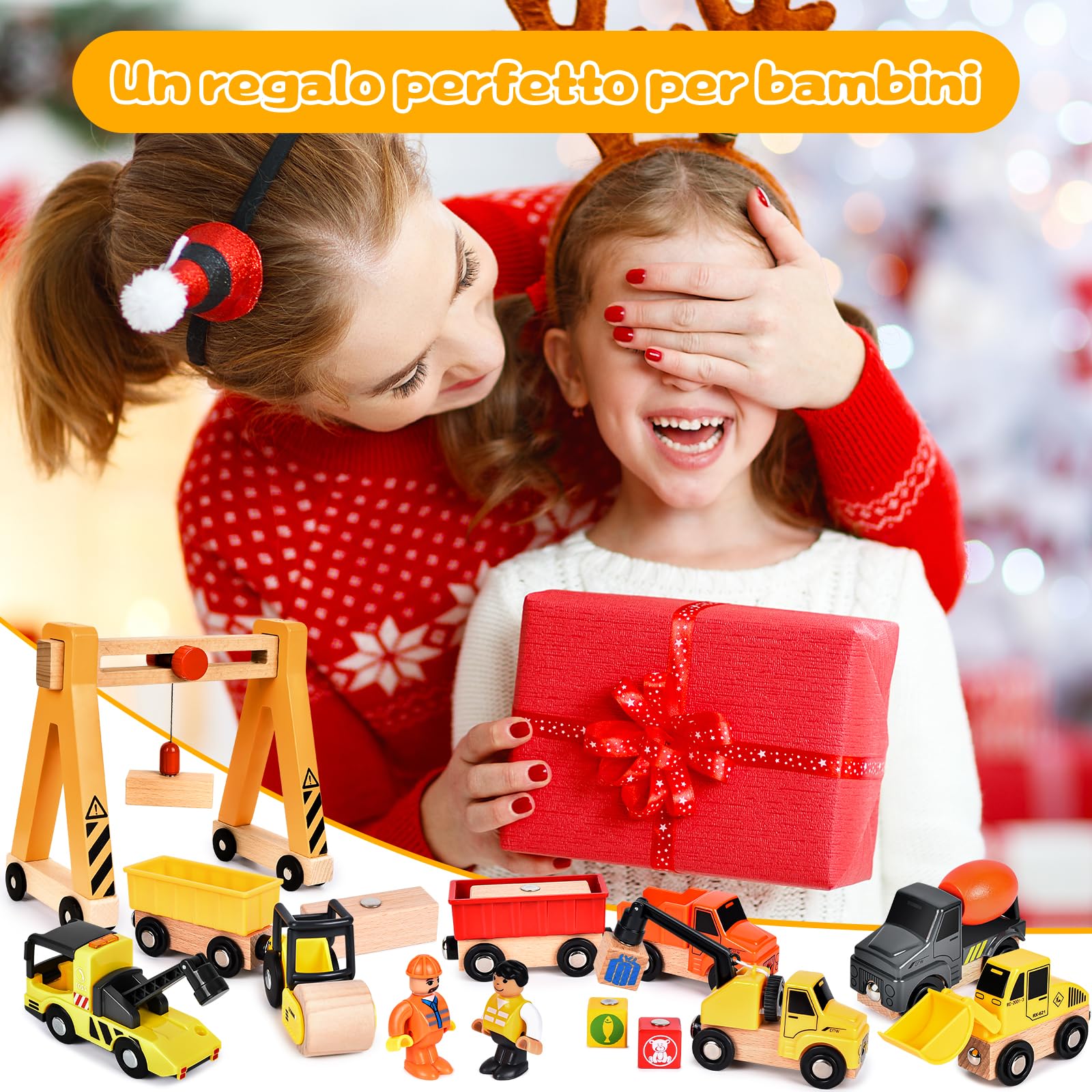 Buzzoxerex Veicolo da Cantiere in Legno per Bambini, Magnetico Veicoli Gru Giocattolo con Gru a Cavalletto, Rullo compressore, Carro Attrezzi, Veicoli da Costruzione Regalo Bimbo dai 3 anni