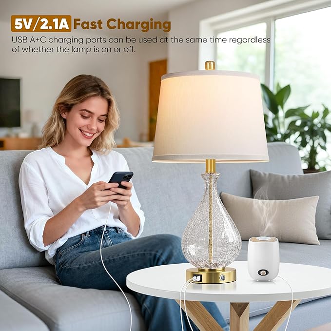 Lámpara de Mesa QiMH con Carga USB A+C, Regulable, 2 Unidades, 57.15 cm, Dorado miniatura 5