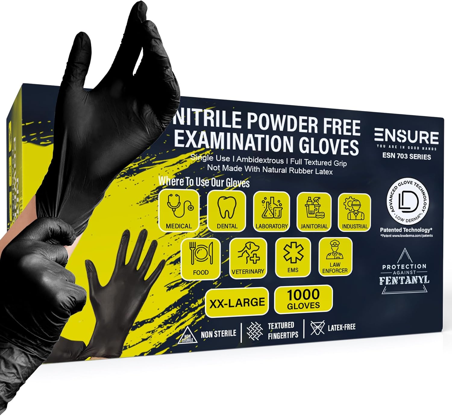 Ensure Black Nitrile Gloves Low Dermatitis 7 Mil, Heavy Duty, Puncture & Chemical Resistant, Disposable, Exam Gloves