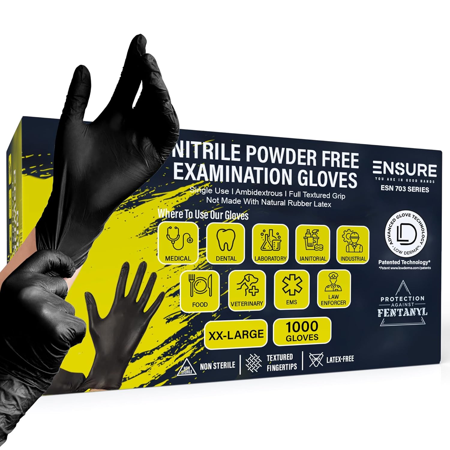 EnSure Black Nitrile Gloves – 7 Mil Heavy-Duty Disposable Gloves, Low Dermatitis, Powder & Latex Free, Puncture & Chemical Resistant for Mechanic, Industrial, Food Service, Medical Usee (1000, Medium)