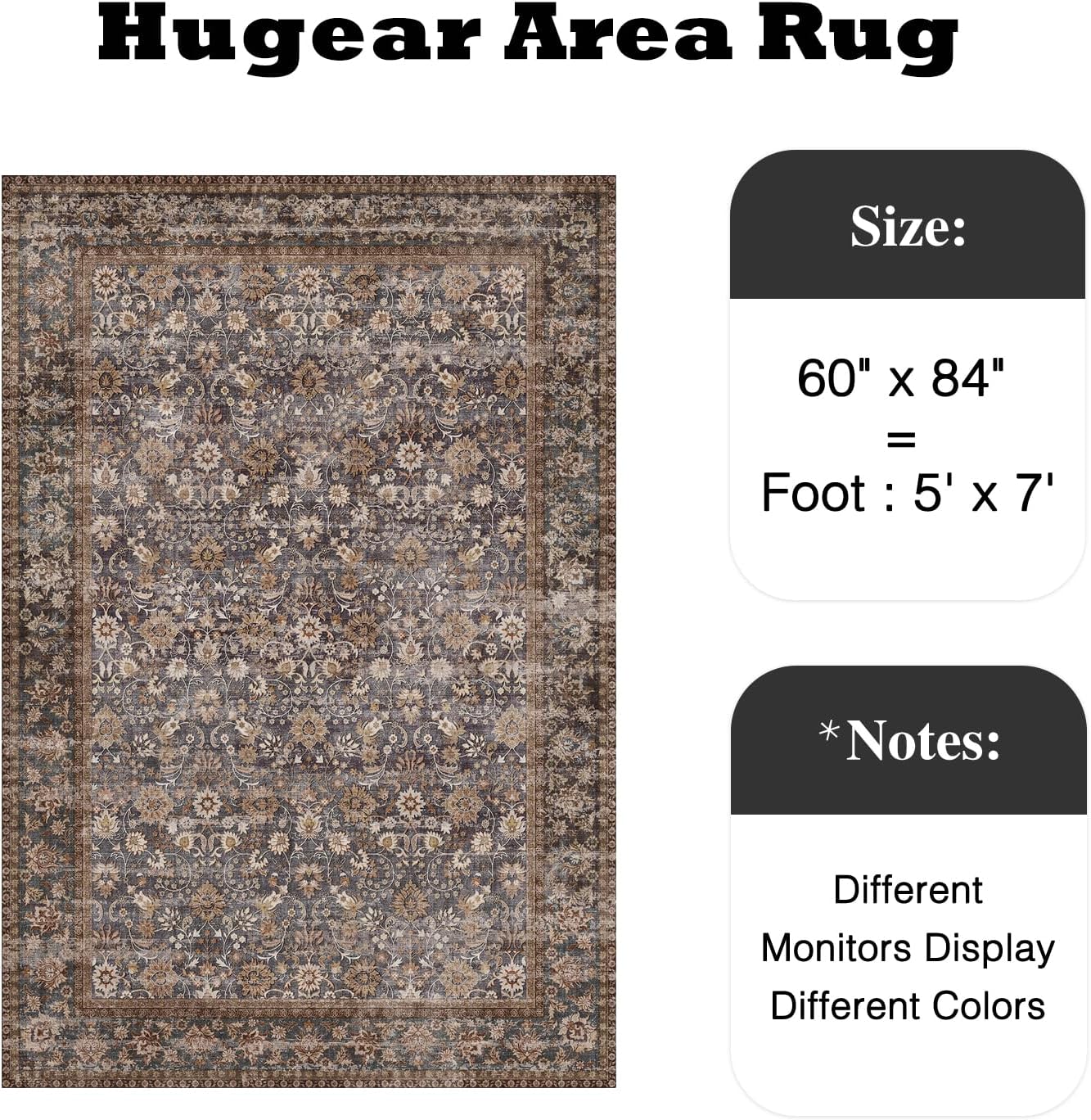 hugear 5x7 machine washable rugs tradition brown hallway area rug indoor accent rug floral low pile carpet soft throw aesthetic rug bedroom living room office dining room kitchen laundry room non slip floral | brown/blue 5' x 7' (rectangular)