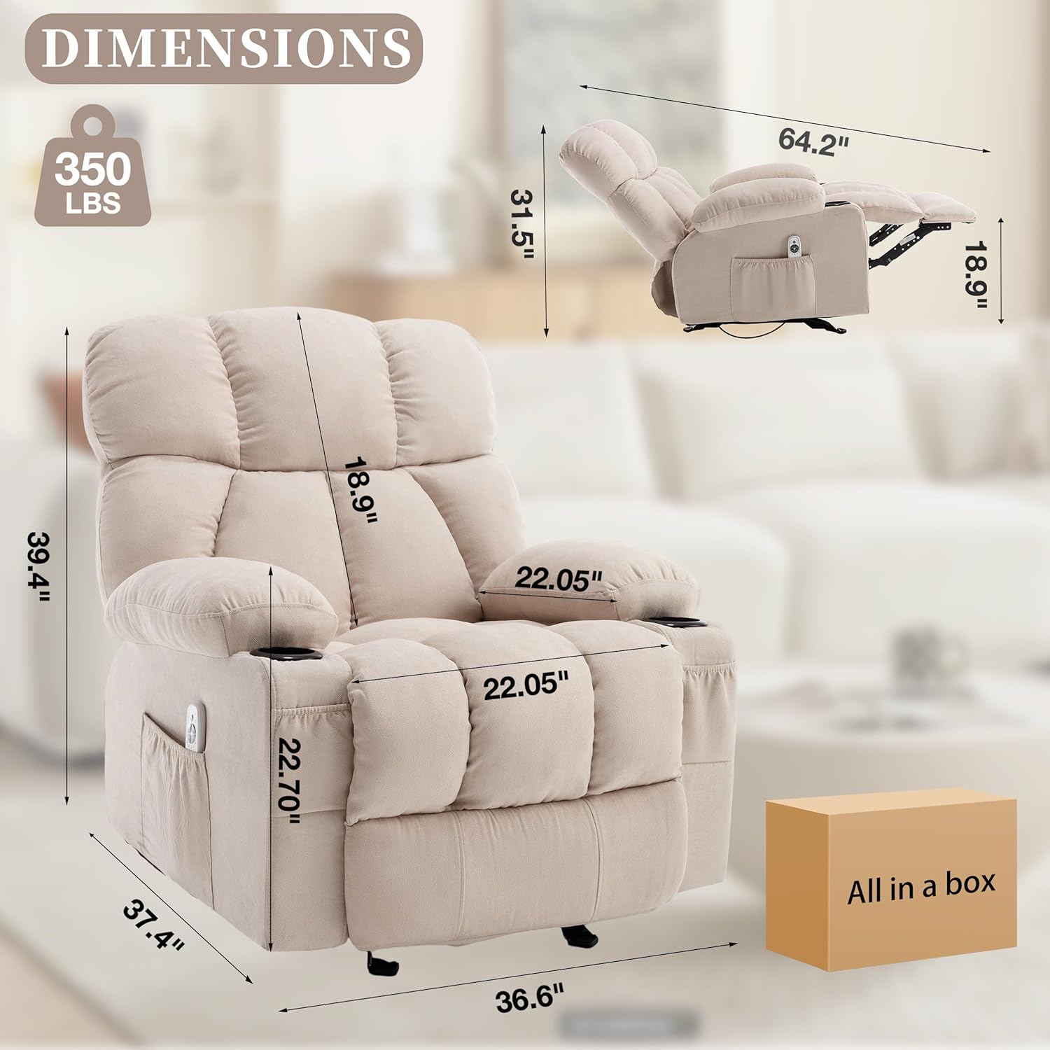 Recliner Chair with Massage Rocker Heat, Ergonomic Oversized Reclining Lounge Chair with Side Pockets, USB Charging Port, Sturdy Metal Frame, Overstuffed Nursery Rocking Chairs for Living Room