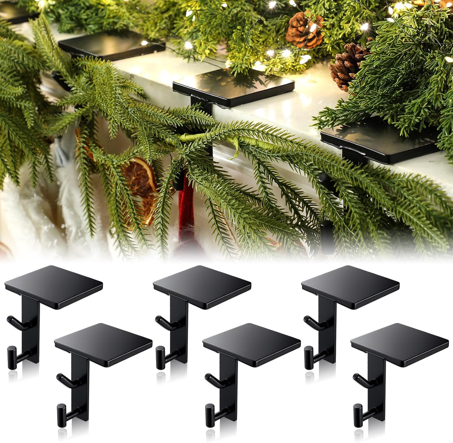2 in 1 Fireplace Garland and Stocking Hangers for Mantel Heavy Duty Christmas Stocking Holders for Mantle Metal Garland Hooks Xmas Holiday Decoration (6 Pack,Black)