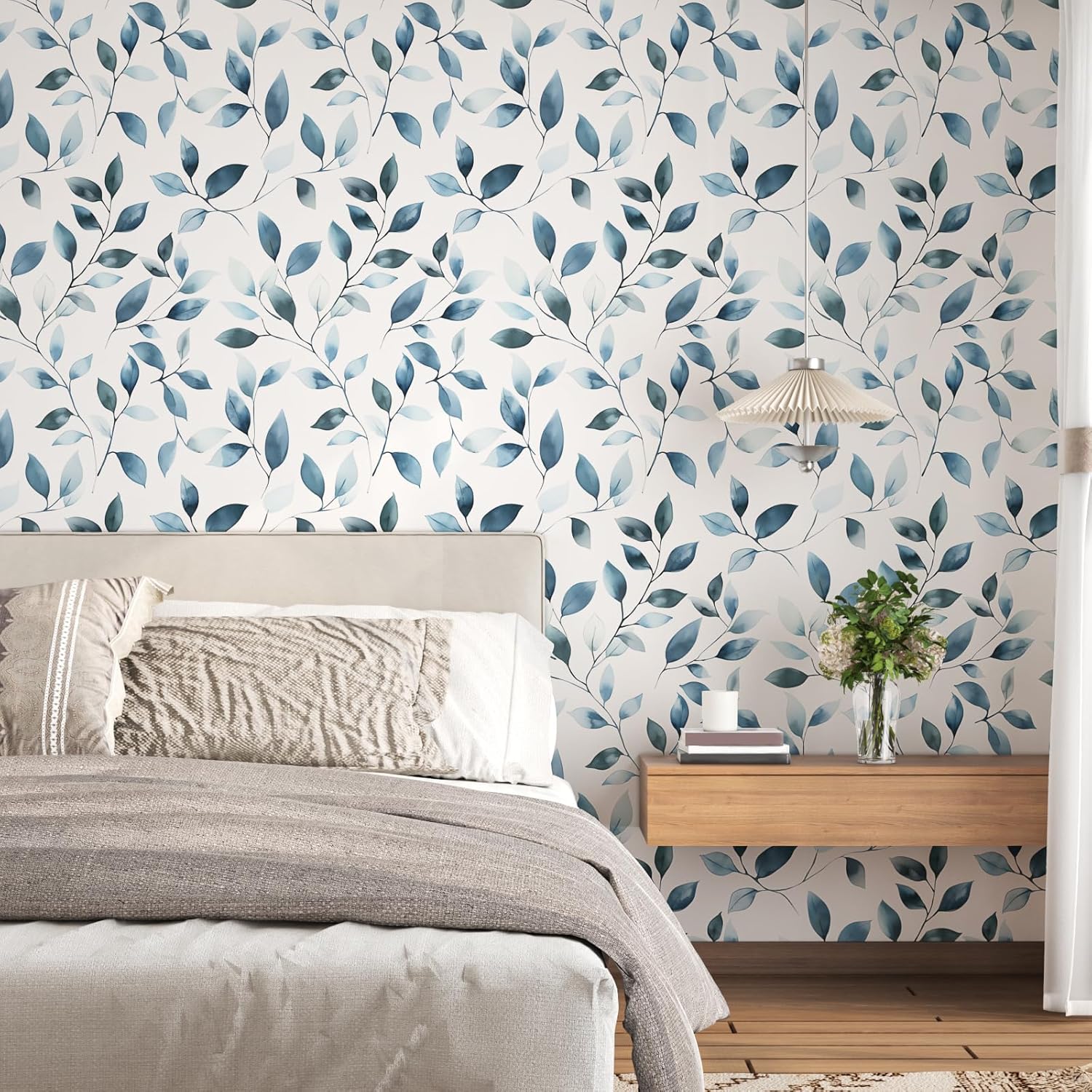 Fvlow Blue Leaf Wallpaper Peel and Stick Boho Floral Leaf Self-Adhesive Contact Paper 17.4" x 394" Vintage Watercolor Floral Waterproof Wall Paper for Bathroom Bedroom Countertop Desk Cabinets Decor