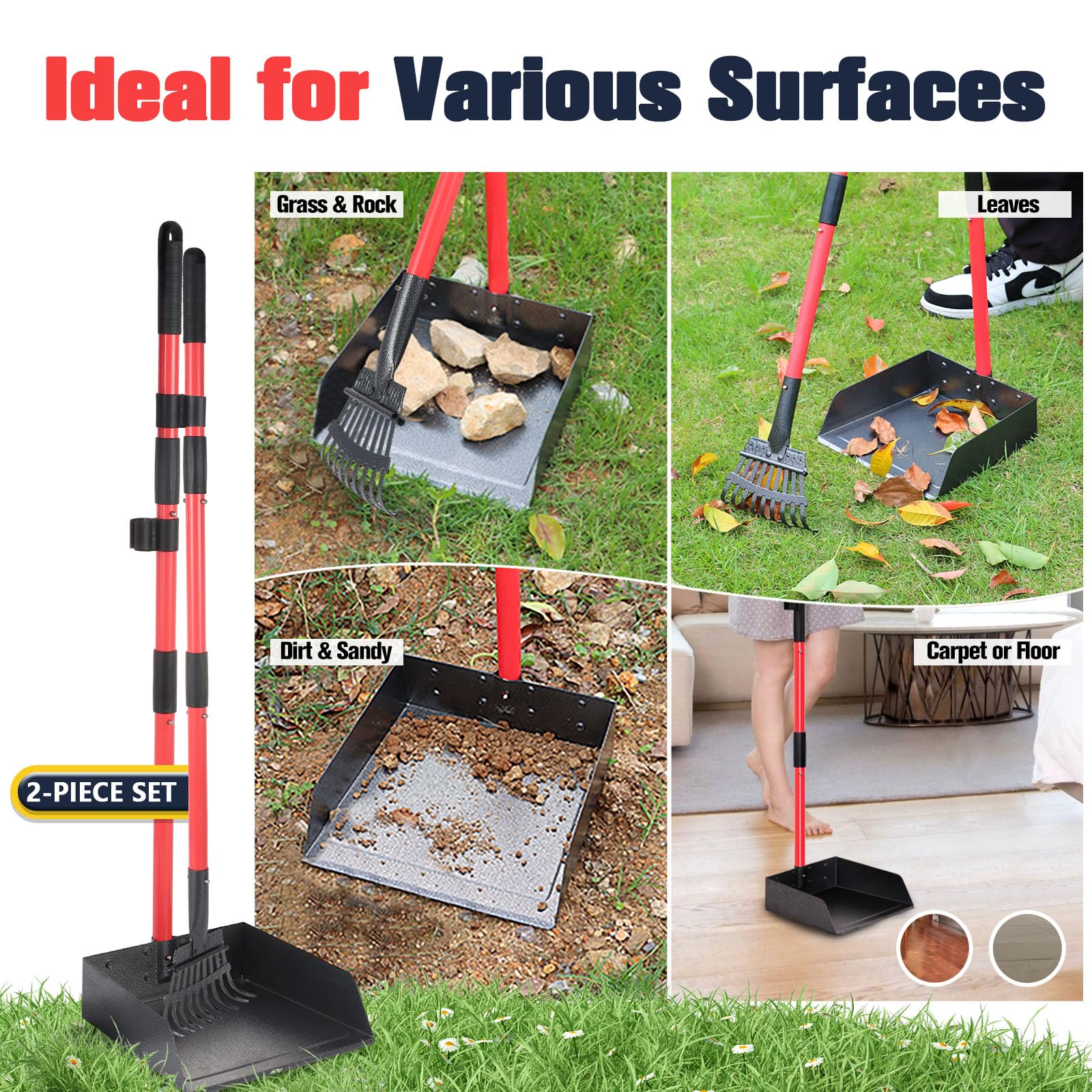 Kit con vassoio e rastrello per cani, resistente, con manico lungo in metallo regolabile, portatile, con 10 sacchetti per rifiuti, per cortile, passeggiate, erba e foglie da giardino