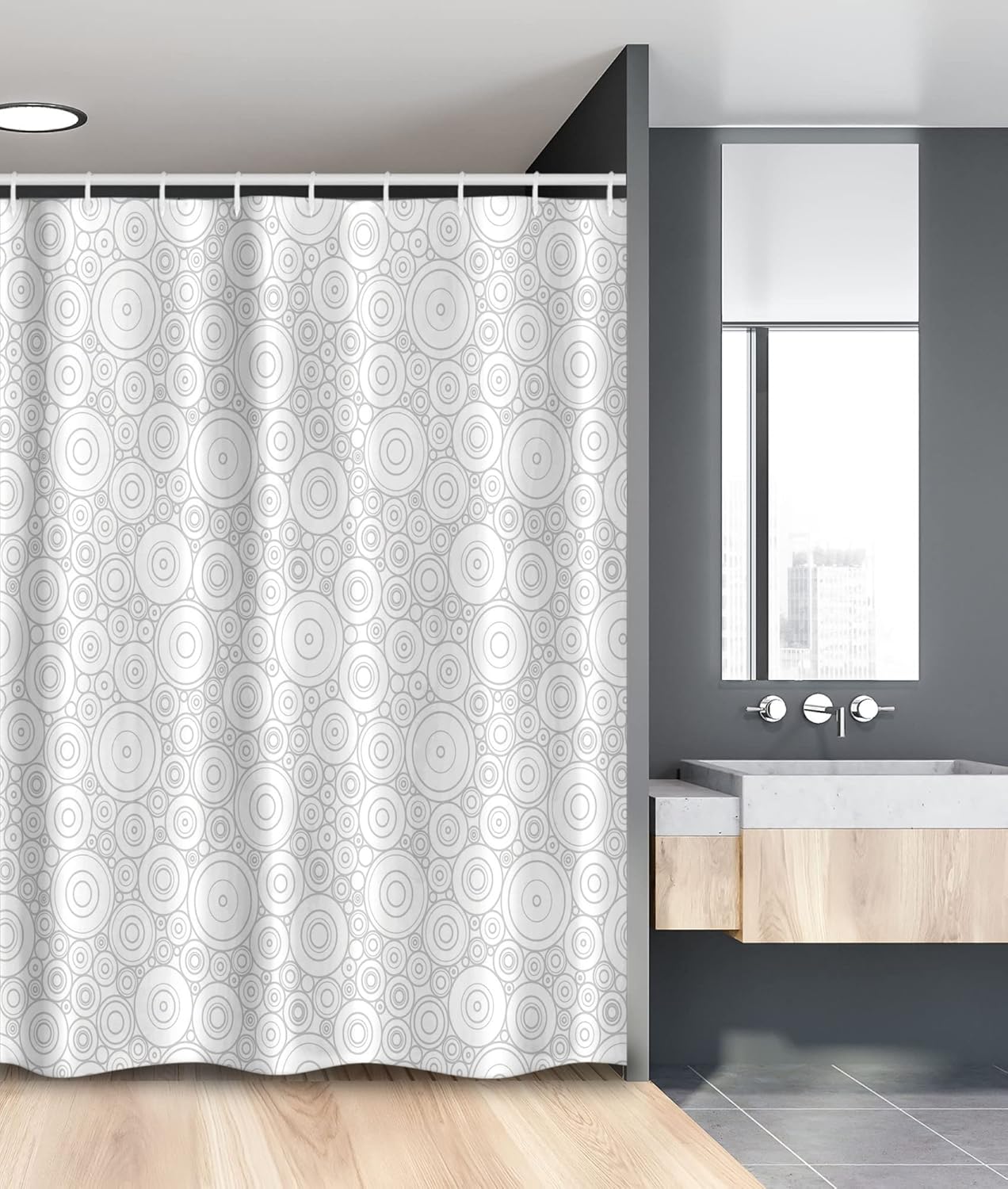 Ambesonne Grey Stall Shower Curtain, Different Sized Circles and Rounds Simple Geometric Style Graphic Print Shabby Home, Fabric Bathroom Decor Set with Hooks, 54" W x 78" L, White Grey