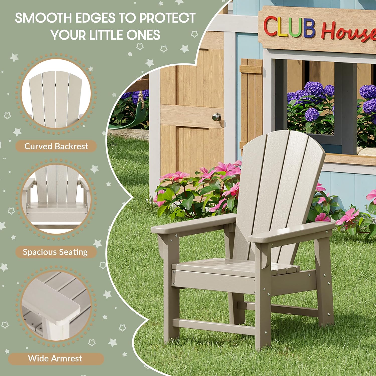 WestinTrends Malibu Kids 3-Piece Outdoor HDPE Adirondack Chairs with Square Side Table Set, Sand
