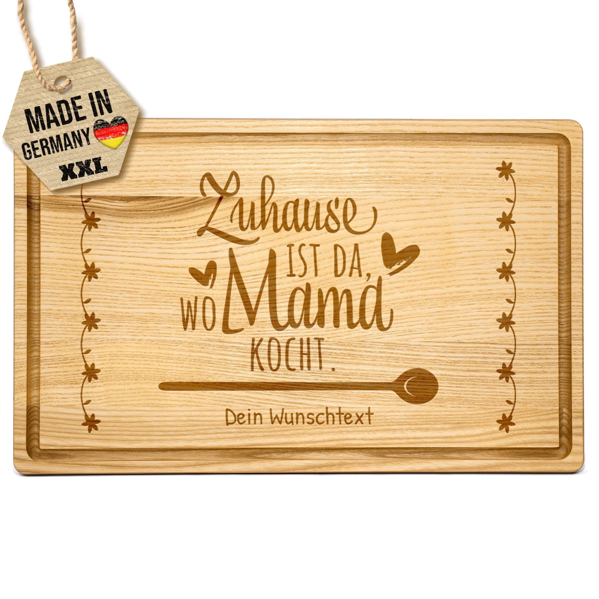 PR Print Royal Großes Holzbrett mit Gravur - Zuhause ist da wo Mama kocht - mit Name - Personalisiertes Geschenk zum Geburtstag, Muttertag - Schneidebrett Eschenholz, 40 x 25 x 2 cm