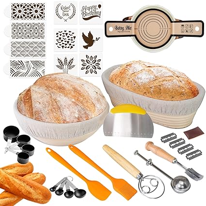 Banneton Bread Proofing Baskets, 9 Inch Round & 10 Inch Oval Sourdough Basket with Upgrade Complete Bread Baking Supplies, ALL-IN-ONE Sourdough Starter Kit, Premium Gift Set