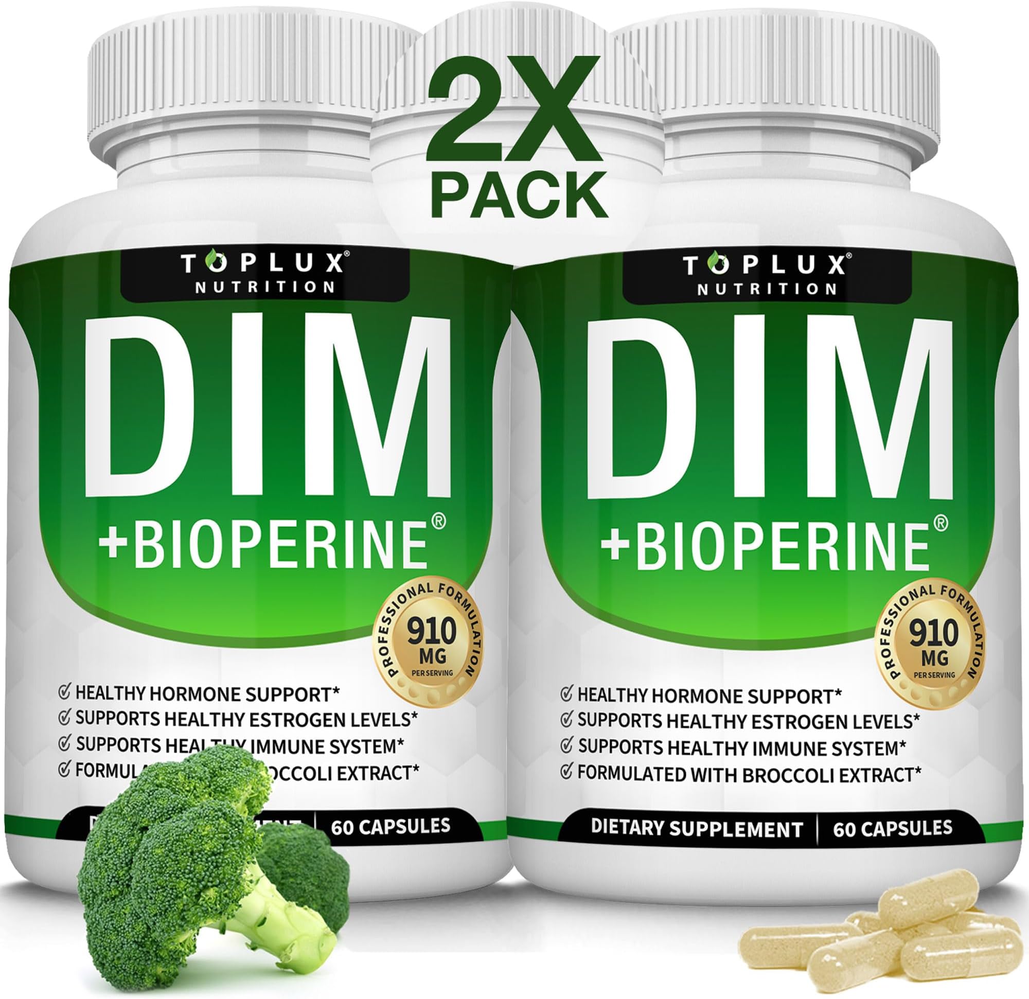 Toplux Dim Supplement 910 mg Plus BioPerine Complex - Diindolylmethane to Support Hormone Balance and Estrogen Metabolism, Helps with Menopause Acne Better Skin, for Men Women, 60 Capsules