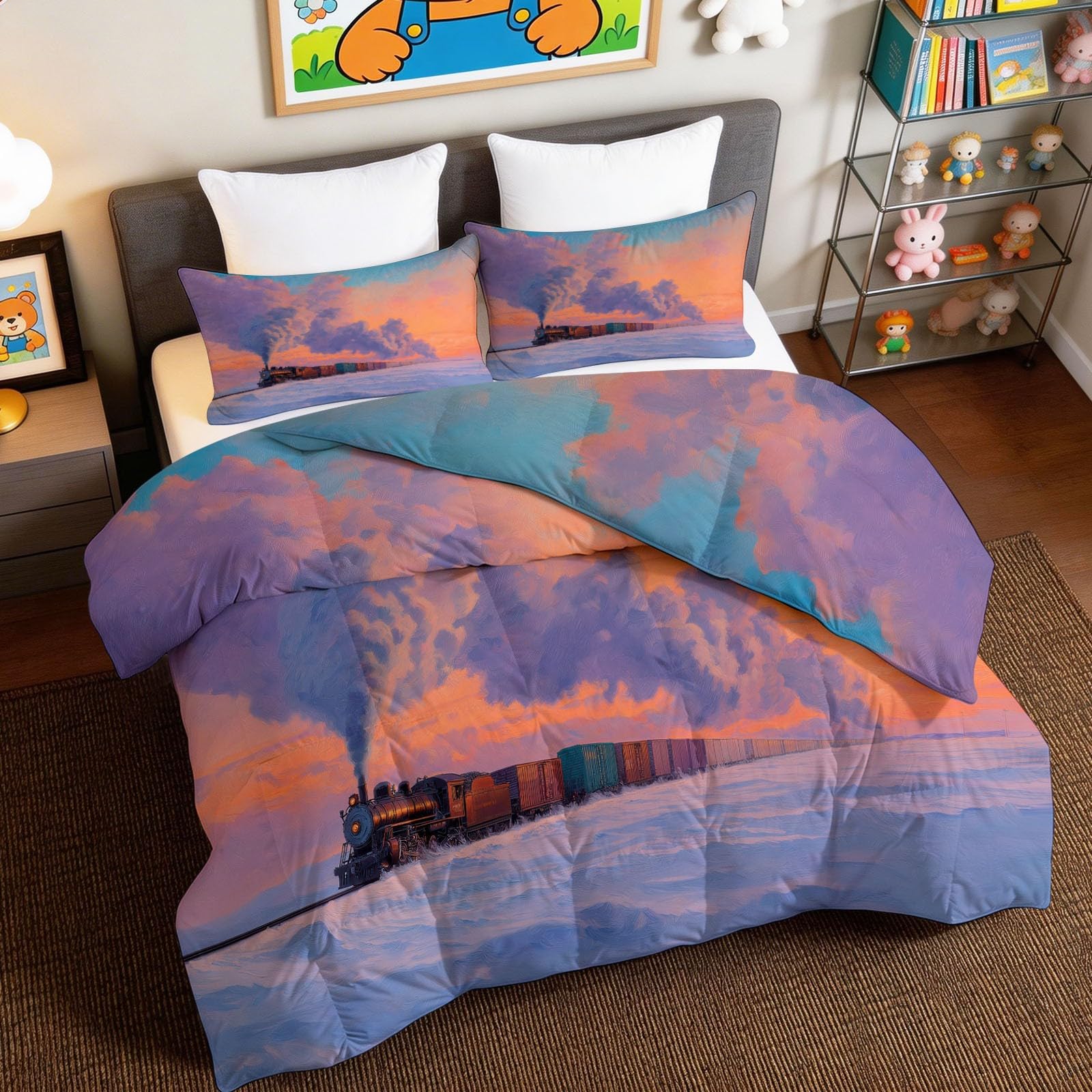 Edredón sin funda de 155 x 220 cm reversible con estampado de tren de vapor y dos fundas