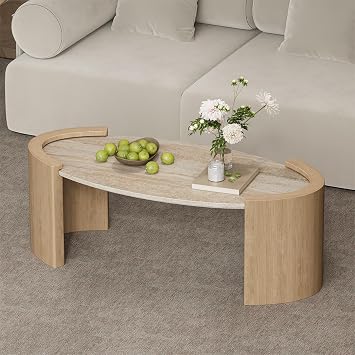 homary 43" Oval Coffee Table,Travertine Stone Top Center Table
