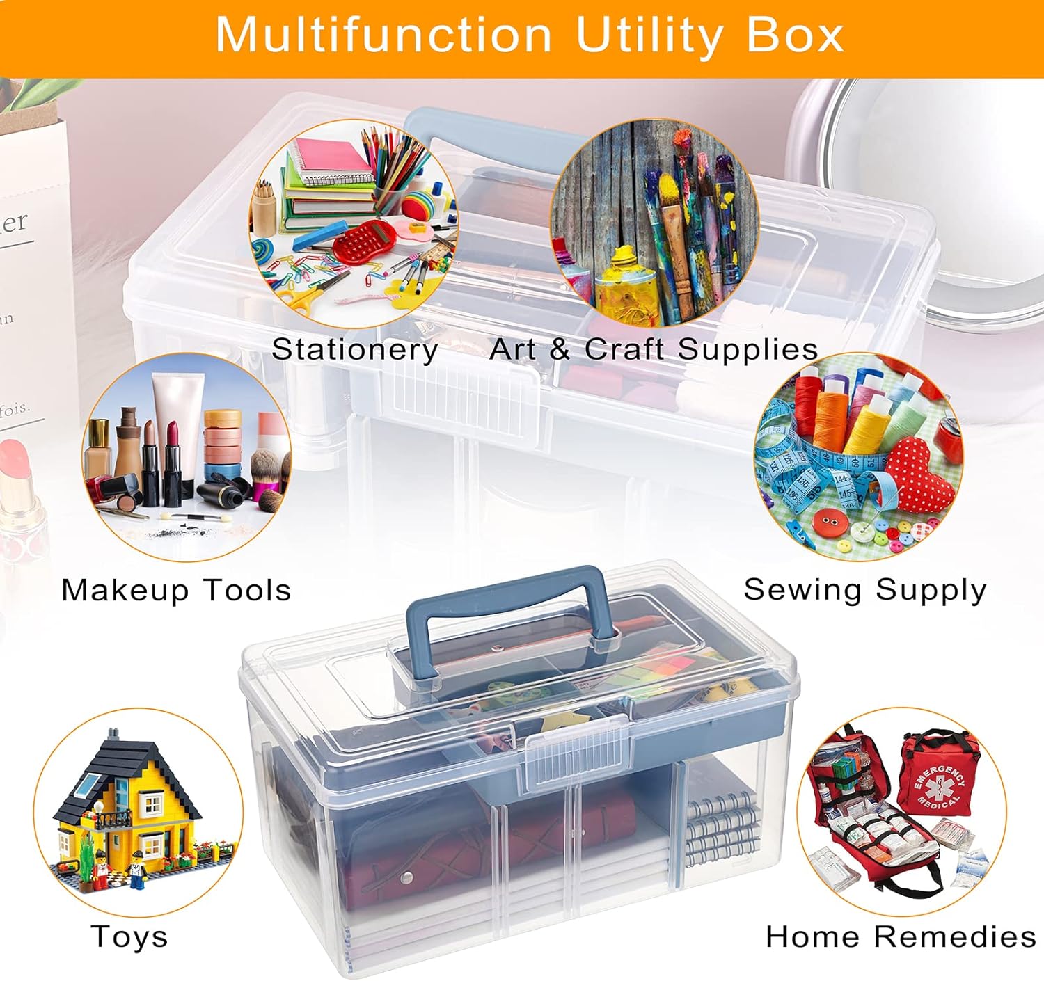 BTSKY 2 Layer Clear Plastic Dividing Storage Box with Removable Tray Multipurpose Stationery Storage Box with Handle Portable Sewing Box Art Craft Supply Organizer Home Utility Box (Big Blue)