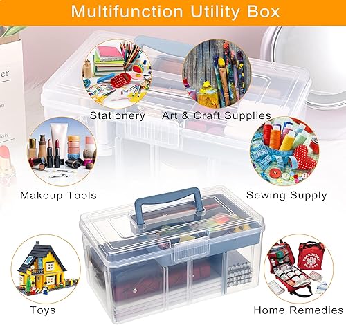 Miniatura 6 de BTSKY Caja de almacenamiento dividida de plástico transparente de 2 capas con bandeja extraíble, caja de almacenamiento multiusos de papelería con