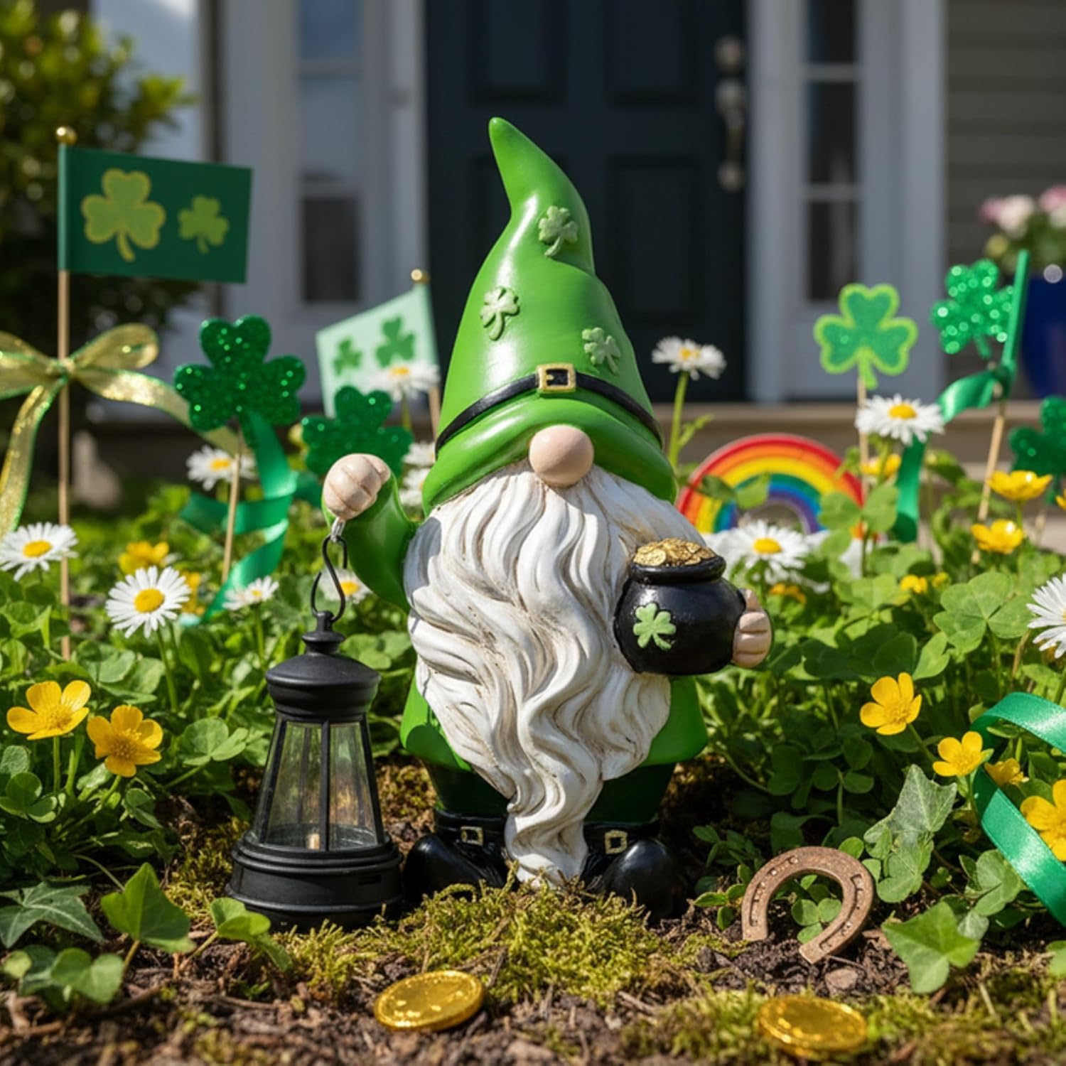 TERESA'S COLLECTIONS St Patricks Decorations for Outdoor Decor, Resin Garden Gnome Holding Lantern with Solar Lights for Porch,Shamrock Leprechaun Figurine for Outside, Irish Gifts for Home,8" - Image 2