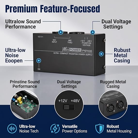 48V 12V Microphone Phantom Power Supply, Dual Voltage Ultra Low Noise Condenser Mic PSU with All Metal Casing and Power Adapter, for Professional Recording Studio Equipment (US Plug)