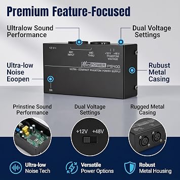 48V 12V Microphone Phantom Power Supply, Dual Voltage Ultra Low Noise Condenser Mic PSU with All Metal Casing and Power Adapter, for Professional Recording Studio Equipment (US Plug)