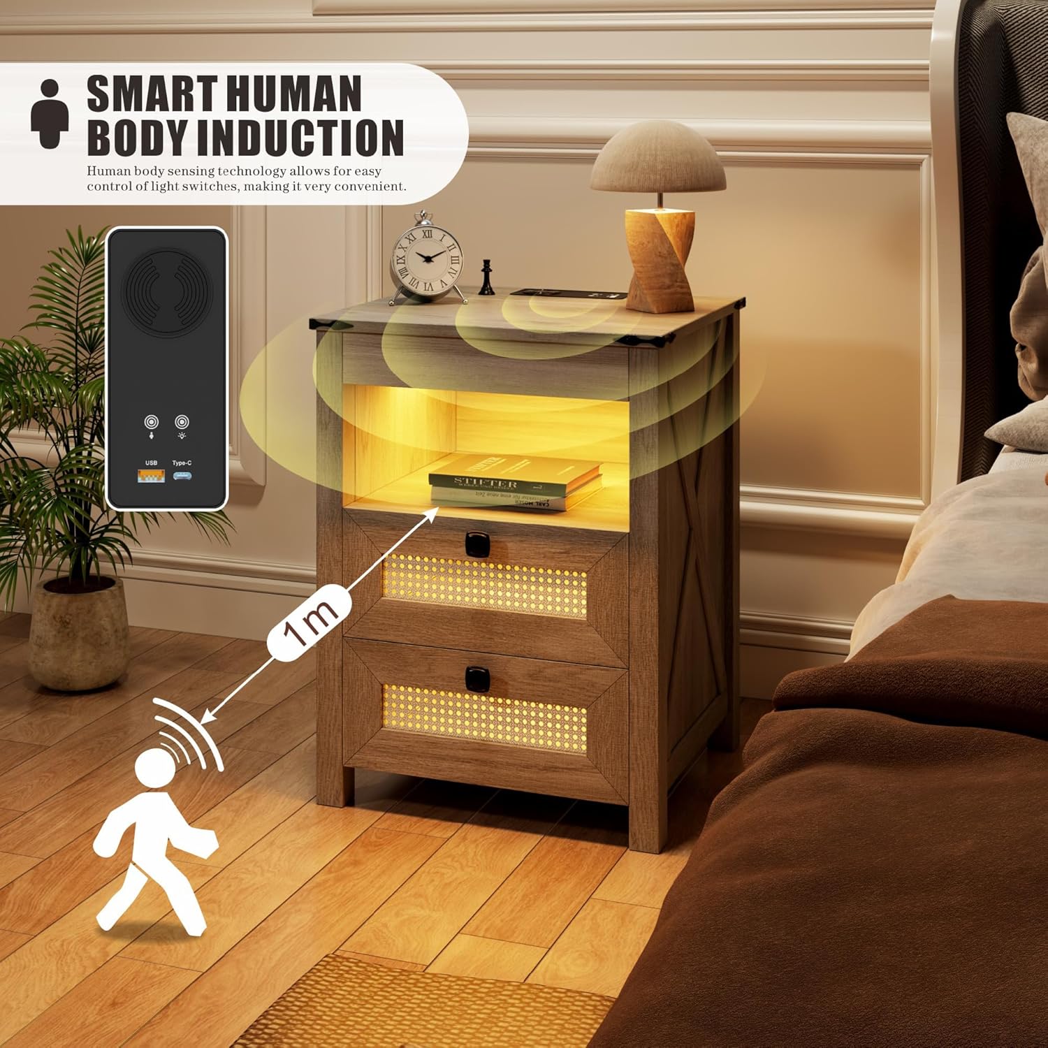 Farmhouse Night Stand with Gun Drawer, Bedside Table with Charger Station, LED Nightstand with Human Sensor Light, End Table for Bedroom Livingroom, Rustic Grey