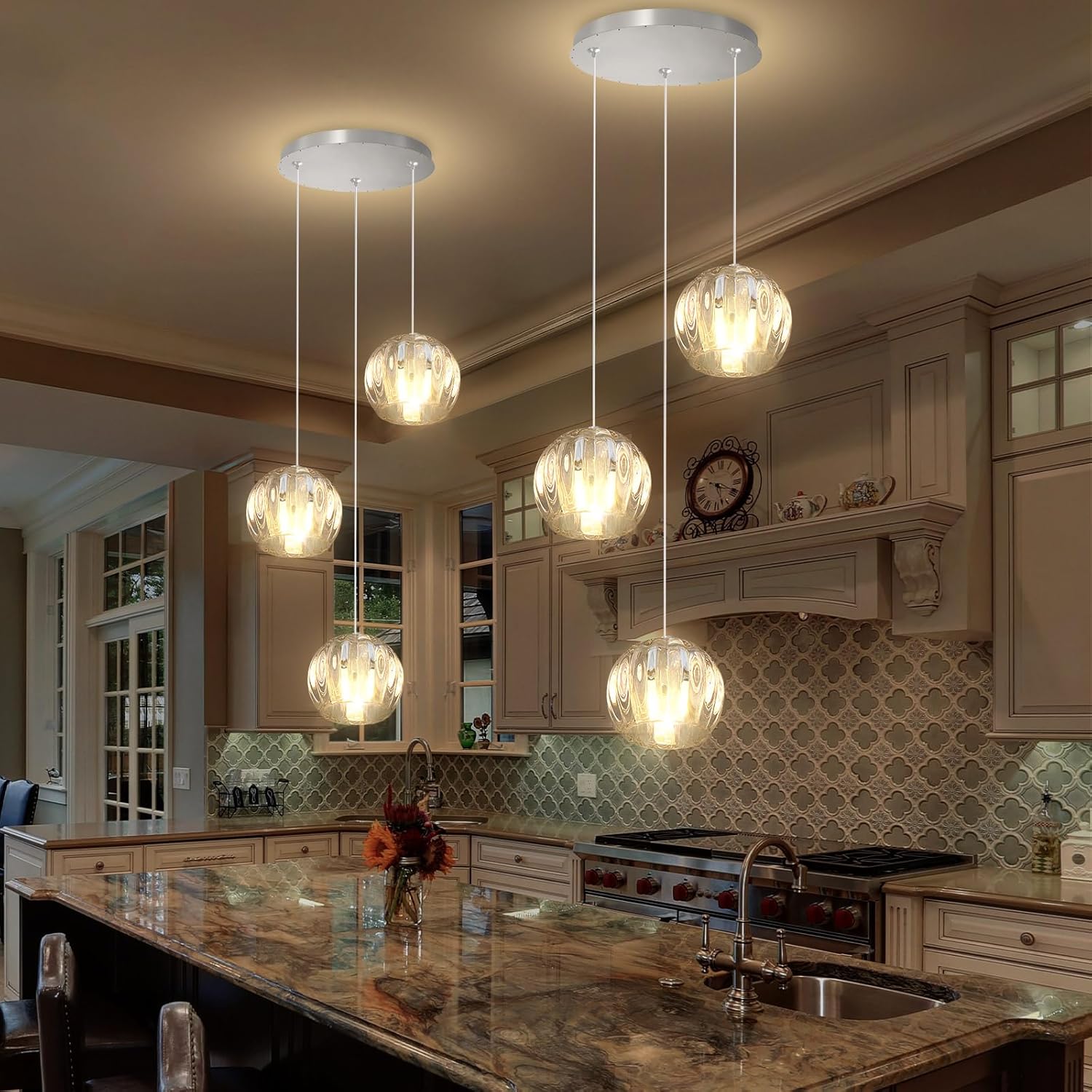 3 Light Globe Glass Pendant Light Modern LED Dimmable Chandelier Adjustable Height Pendant Lights Fixtures for Kitchen Island Living Room Foyer Silver