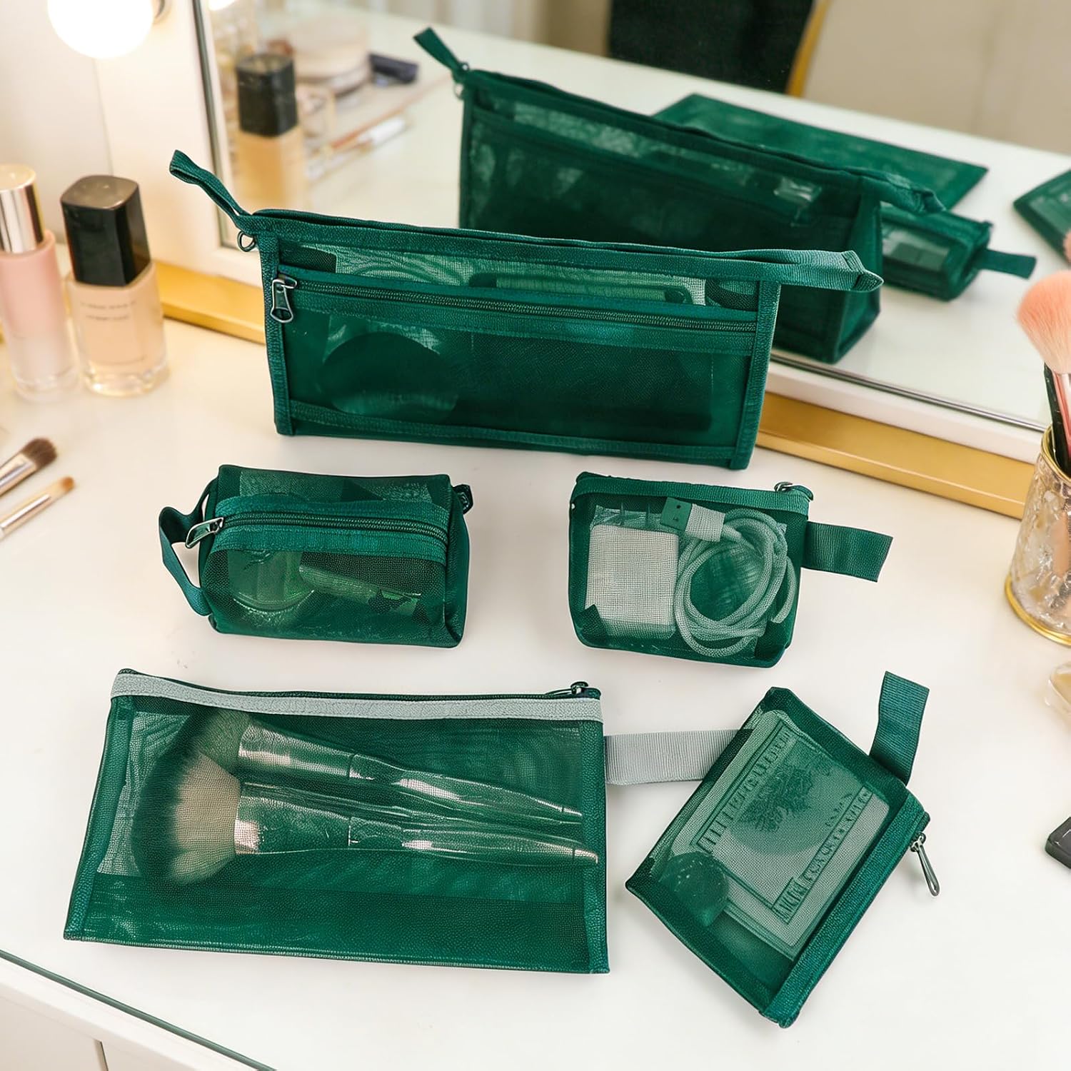 5 Pcs Mesh Makeup Bags Set, Forest Green Mesh Cosmetic Bag Portable Travel Toiletry Bag with Zipper, Travel Organizing Zipper Pouch Storage Pouches for Home Office Data Cable Organizer Accessories image 5
