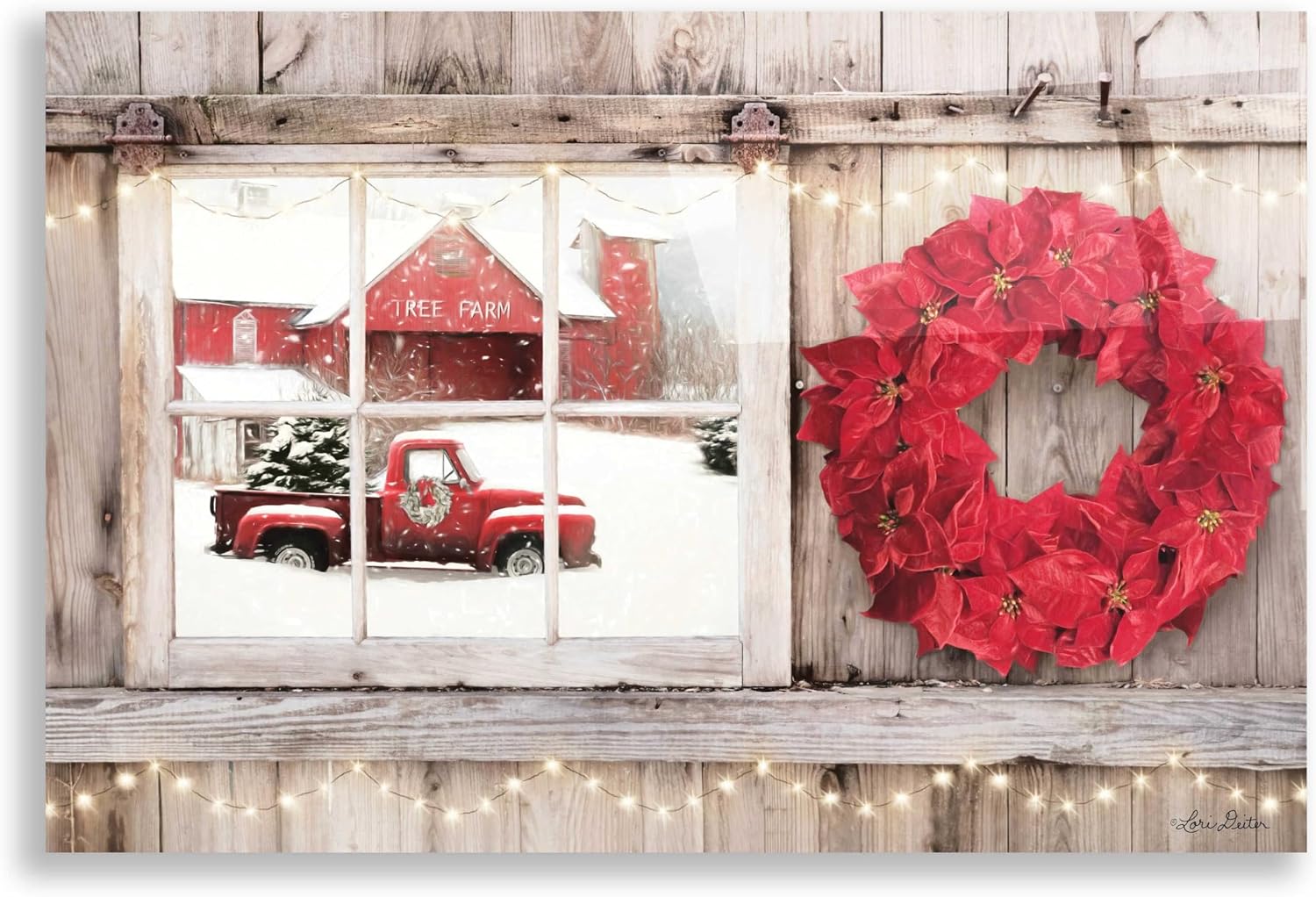 Epic Art 'Poinsettia Wreath Window View' by Lori Deiter, Acrylic Glass Wall Art, 16"x12"