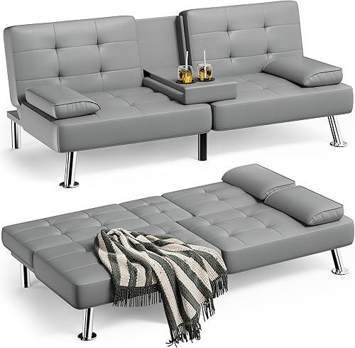 JUMMICO Sofá futón plegable tapizado de piel sintética con reposabrazos extraíbles, sofá reclinable ajustable con 2 portavasos para sala de estar