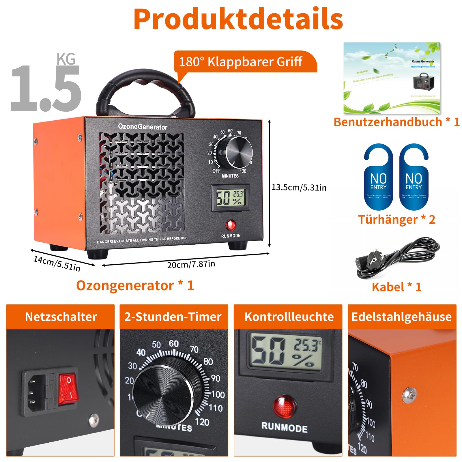 Generatore di ozono, 120.000 mg/h, purificatore d'aria fino a 320 m², con timer da 120 minuti, indicatore di temperatura e umidità, ozonizzatore industriale per auto, fumo, odori di animali domestici