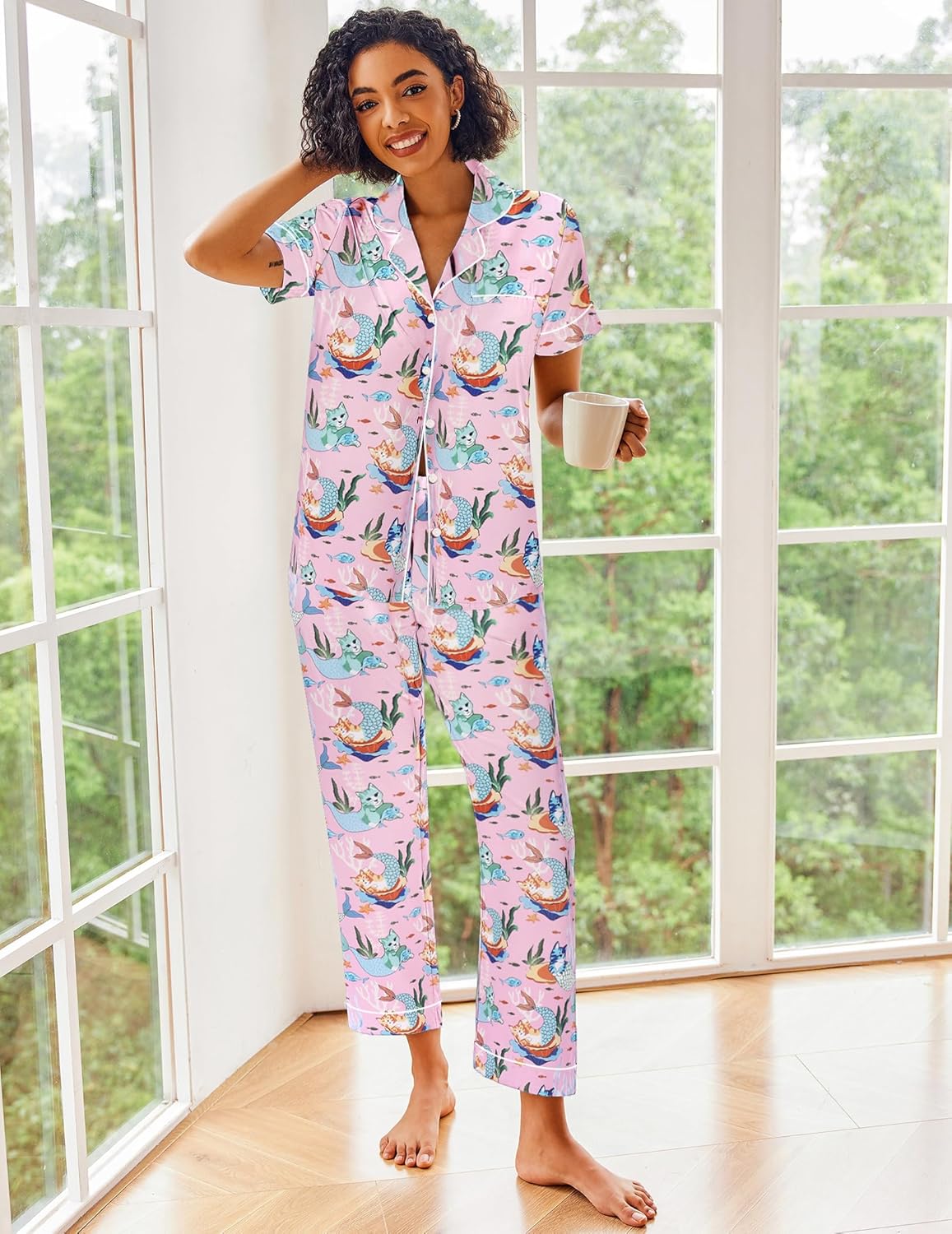 Ekouaer Silk Satin Pajamas Set Women Short Sleeve Sleepwear Soft Button Down Loungewear Pjs Set - Image 2