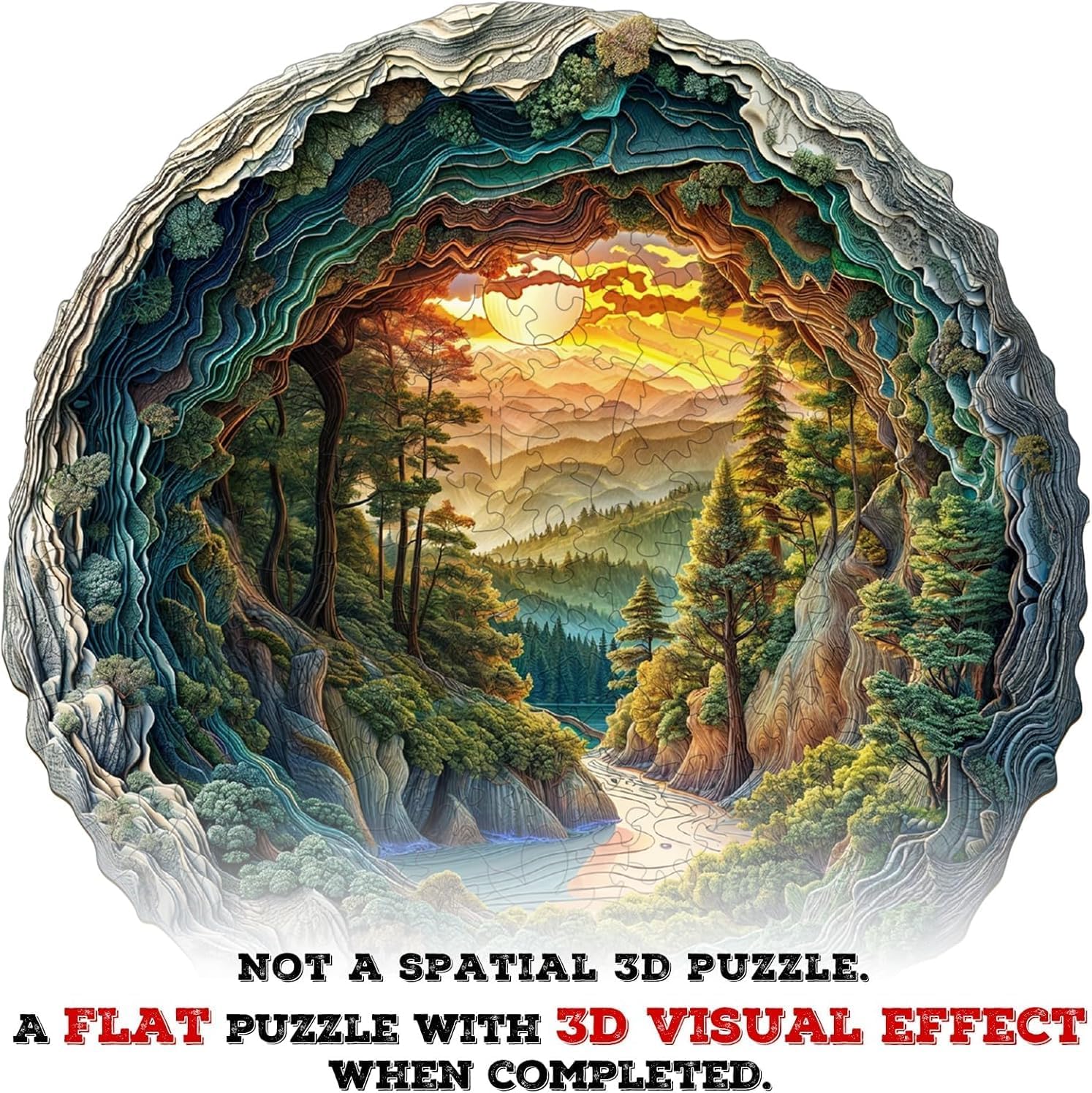 Wooden Jigsaw Puzzles for Adults 200 Pieces, Round 3D Effect Cave Forest Nature Landscape, Unique Shape Wood Puzzle, Christmas Holliday Birthday Gifts for Men Women, Wall Art Decor 11.4in