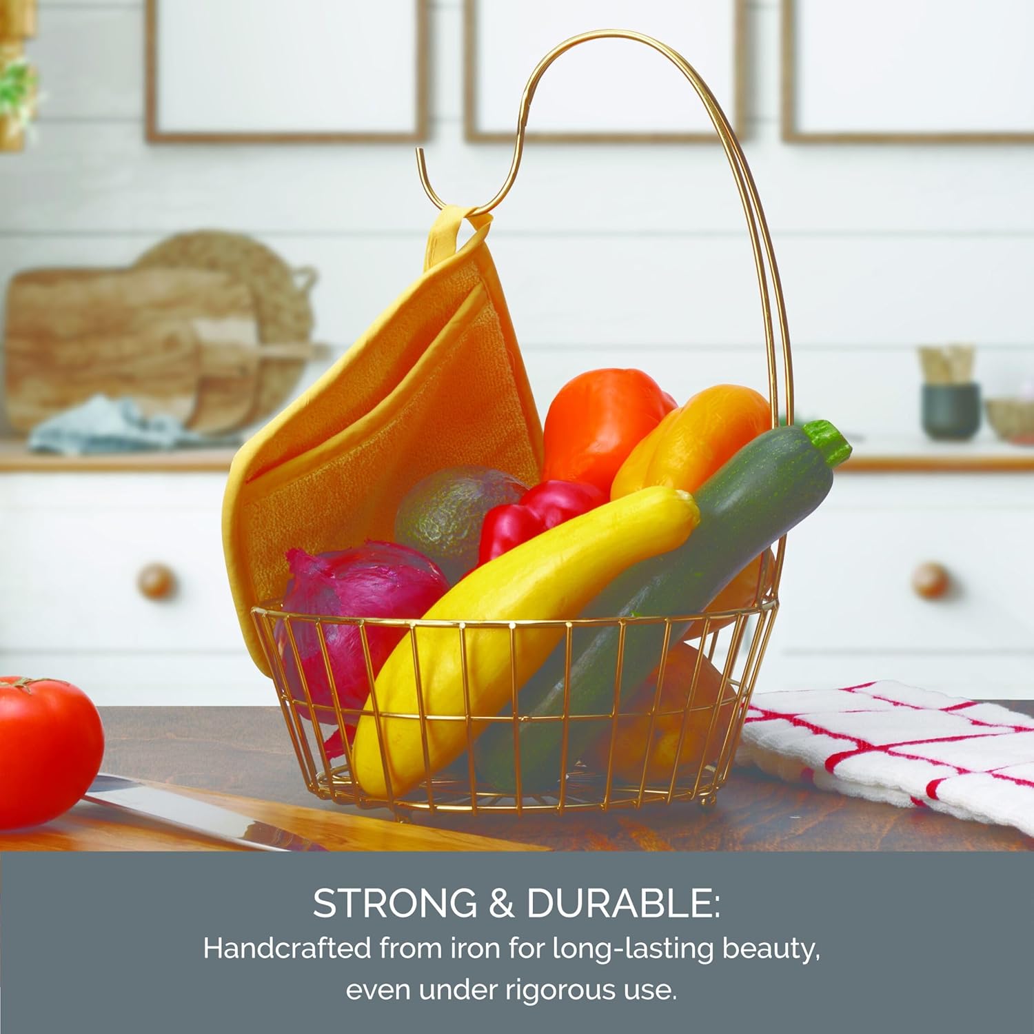 Gourmet Basics by Mikasa Geneva Countertop Fruit Basket with Banana Hanger – Gold-Finish Metal Storage Stand for Kitchen Organization & Produce Display